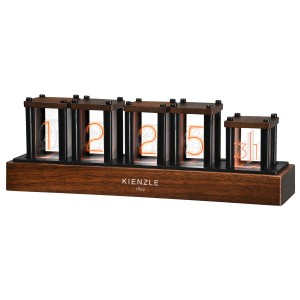 Braune Kienzle LED-Nixie-Uhr mit beleuchteten Ziffern. Tischuhr im Retro-Design.