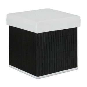 Relaxdays Sitzhocker mit Stauraum Bambus Polyester MDF Schwarz Weiß Faltbar Gepolstert 35 cm x 35 cm x 35 cm 2,5 kg