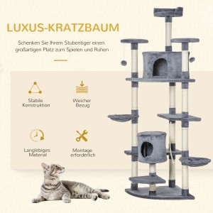 Grauer PawHut Katzenbaum mit zwei Höhlen, Hängematten und Kratzstämmen.
