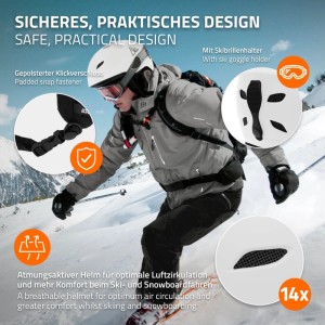 ECD Germany Skihelm für Herren und Damen Snowboardhelm Robust Schwarz Weiß M 55-58 cm mit Belüftungssystem und Skibrillenhalter