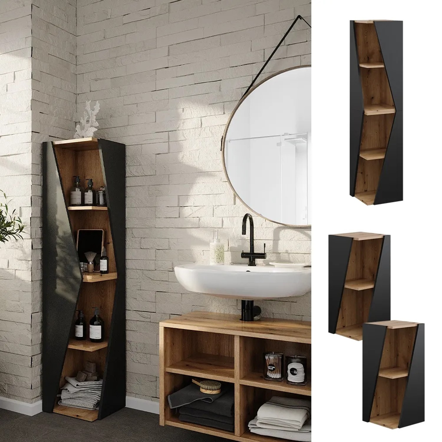 Vicco Badschrank Benno, Anthrazit/Eiche, 32x71 cm, mit 3 Ablagen. Schlankes Badregal für mehr Stauraum.