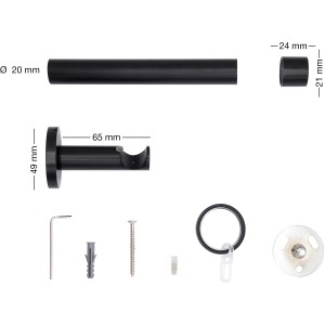 Mydeco Gardinenstange Schwarz, 100cm, mit Endstück Cap und Zubehör für Stil- & Seilspanngarnituren.