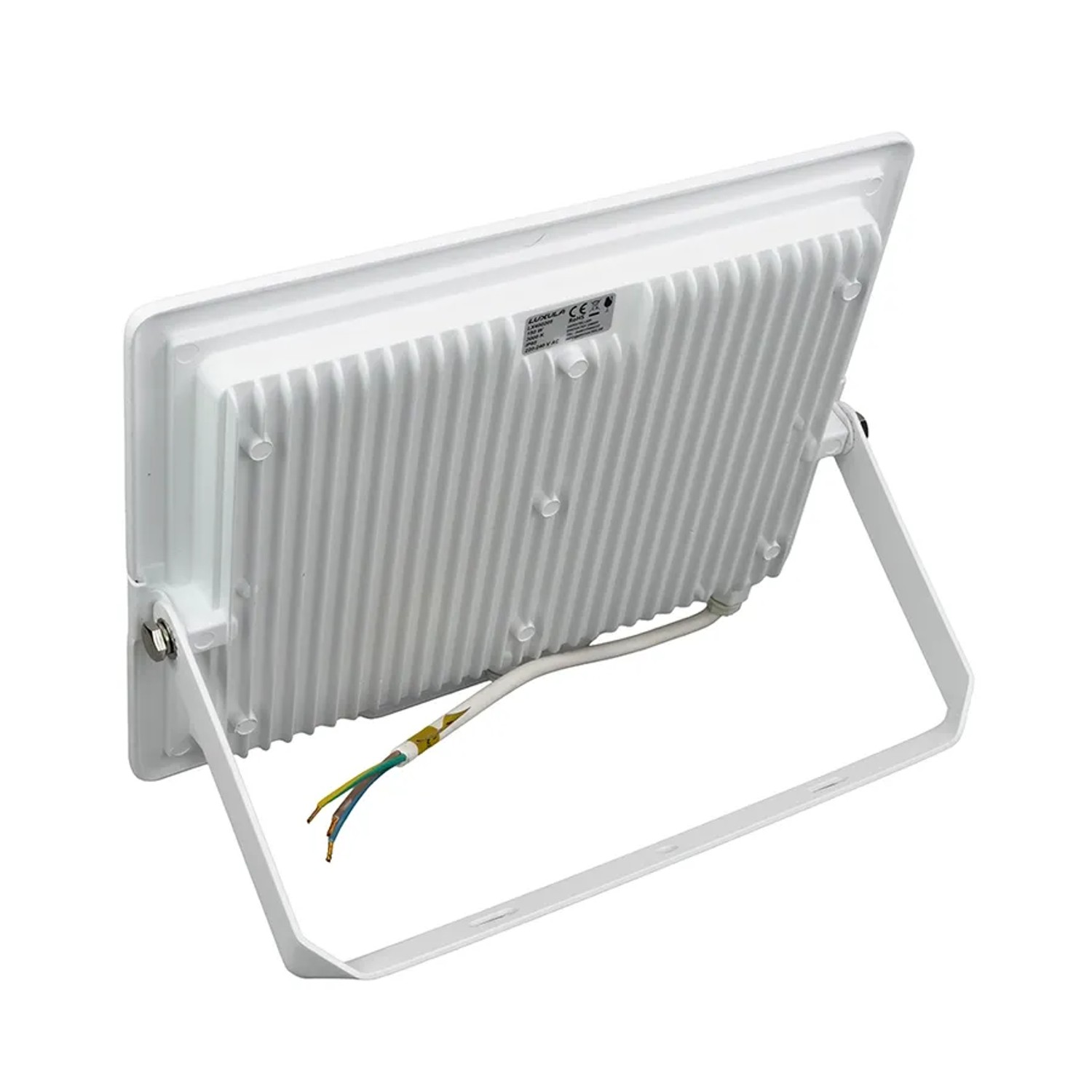 Weißer LUXULA LED Strahler 150W mit Kühlrippen und Haltebügel, Rückansicht.