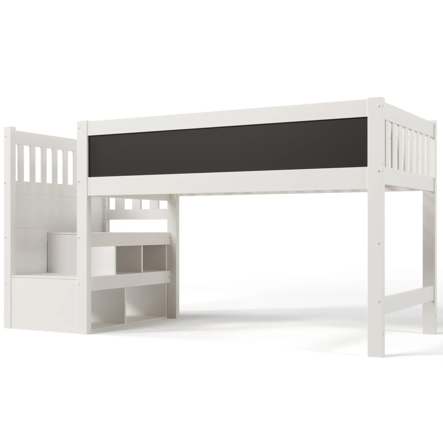 okwish Hochbett 90x200cm mit Whiteboard Tafel und Stauraum Weiß ohne Matratze