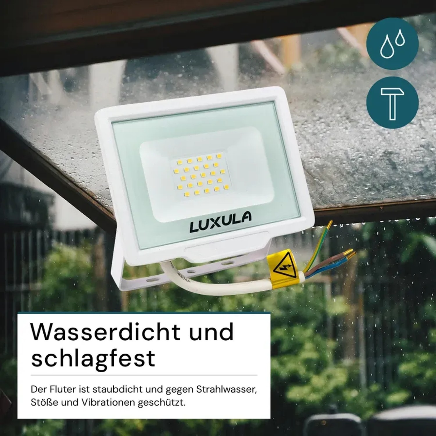 Weißer LUXULA LED Strahler 20W, warmweißes Licht, wasserdicht und schlagfest, Slim Design.