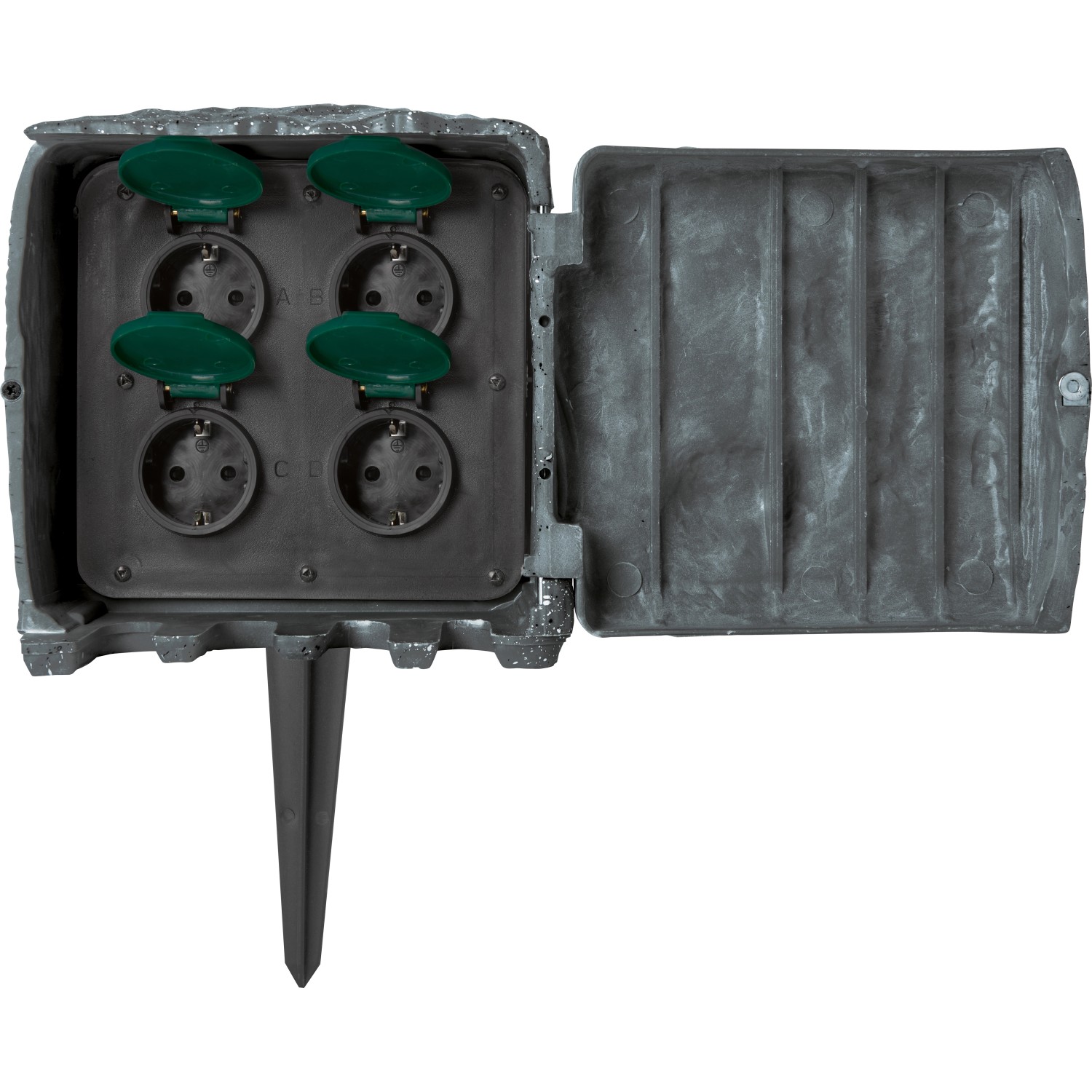 Gartensteckdose in Steinoptik mit 4 Steckdosen und Erdspieß. Stromverteilung für den Außenbereich.