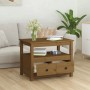 Honigbrauner Couchtisch aus Kiefernholz mit Schubladen und Ablage für Wohnzimmer.