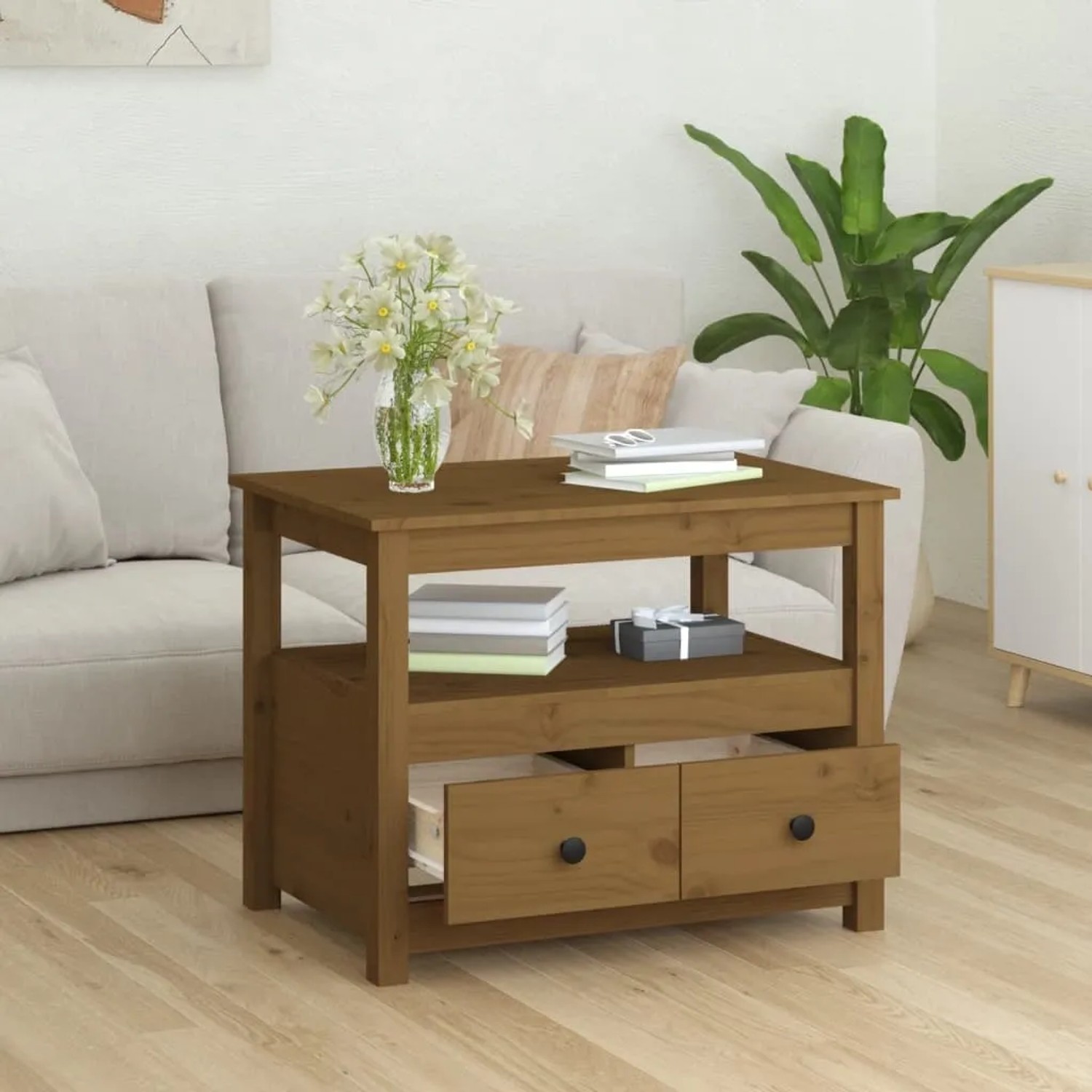 Honigbrauner Couchtisch aus Kiefernholz mit Schubladen und Ablage für Wohnzimmer.