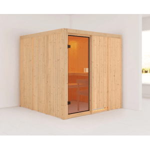 Karibu Innensauna Celine aus hellem Holz mit Glastür und Bänken für den Innenbereich.