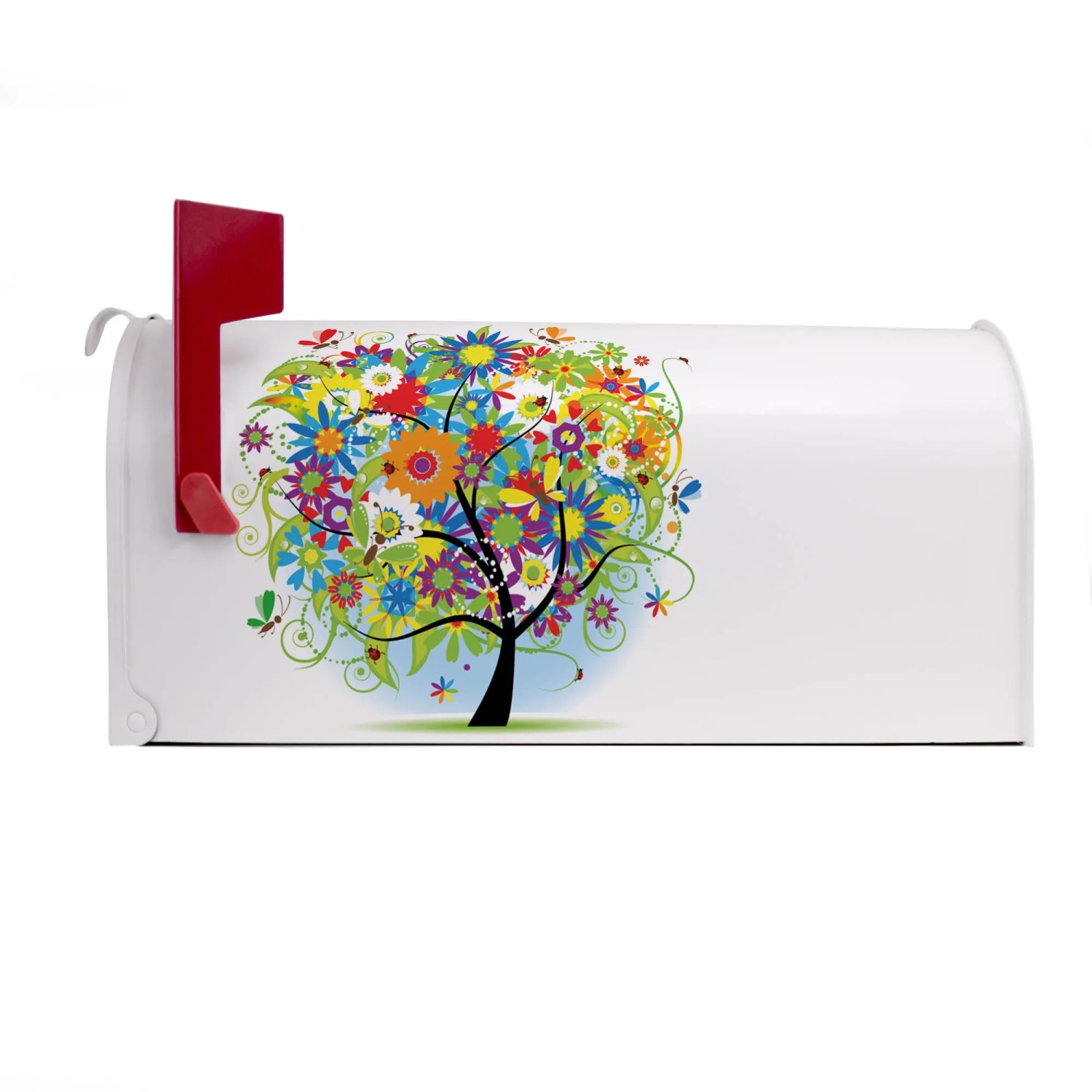 Weißer US-Briefkasten mit Motiv Märchenzauberbaum, Stahl pulverbeschichtet, rote Fahne.