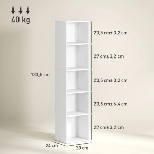 Weißes HOMCOM Standregal mit 5 verstellbaren Fächern, 133,5x30x24 cm. Bücherregal mit 40 kg Belastbarkeit.