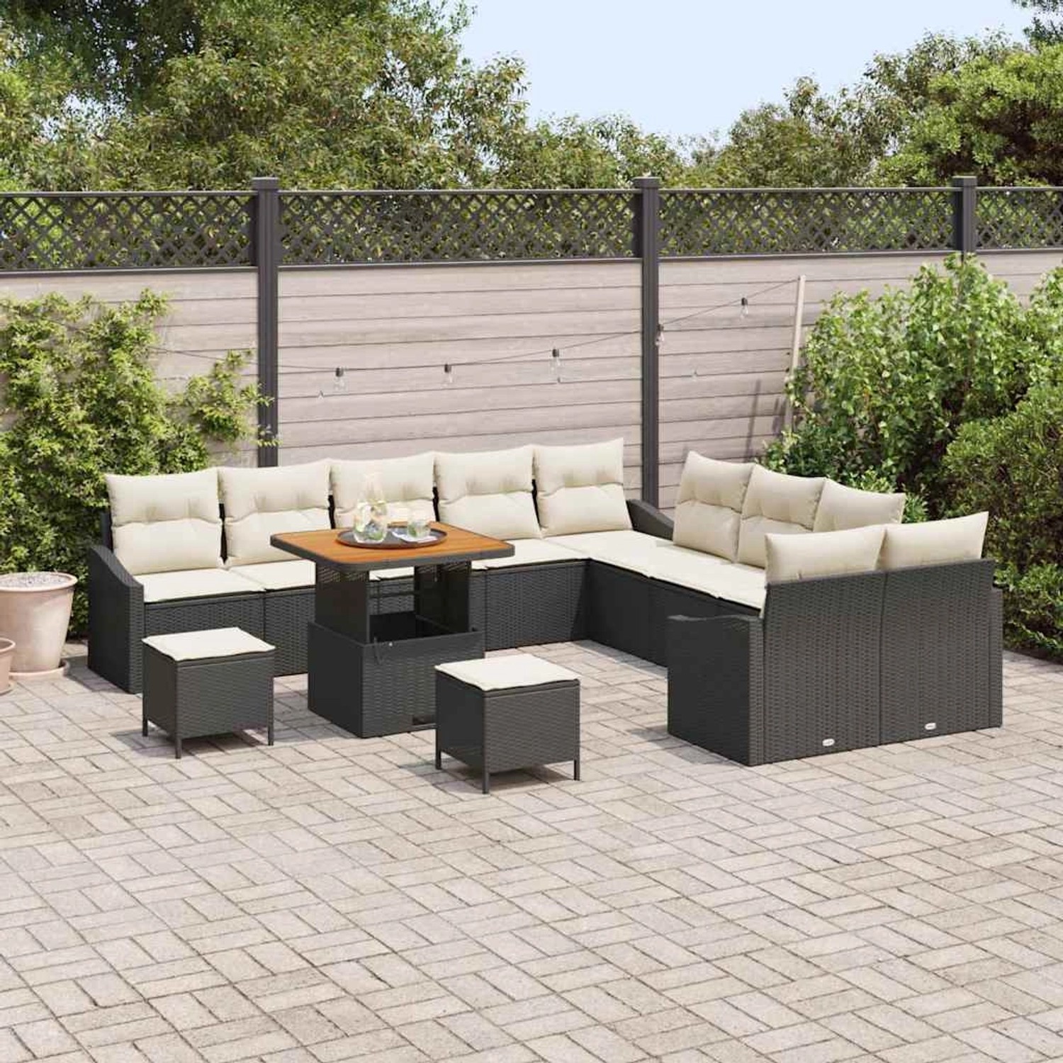 vidaXL Garten-Sofa-Set, 13-teilig, schwarz, Poly Rattan, mit Tisch und Kissen.