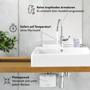 Clage Kleindurchlauferhitzer MCX3 unter Waschbecken montiert. Warmwasserbereitung im Bad.