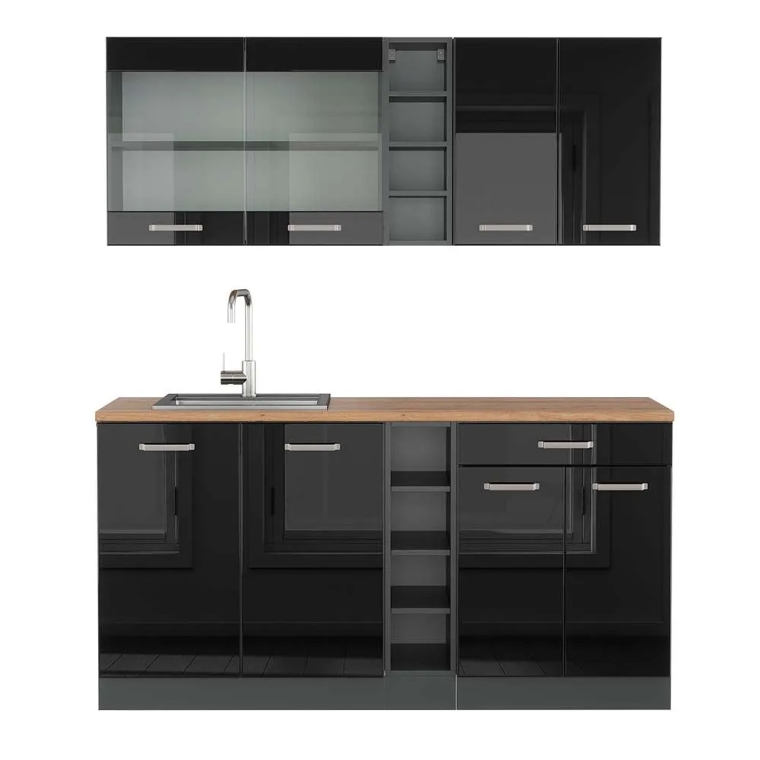 Vicco R-Line Singleküche Schwarz Hochglanz Anthrazit 160 cm AP Eiche ohne E-Geräte