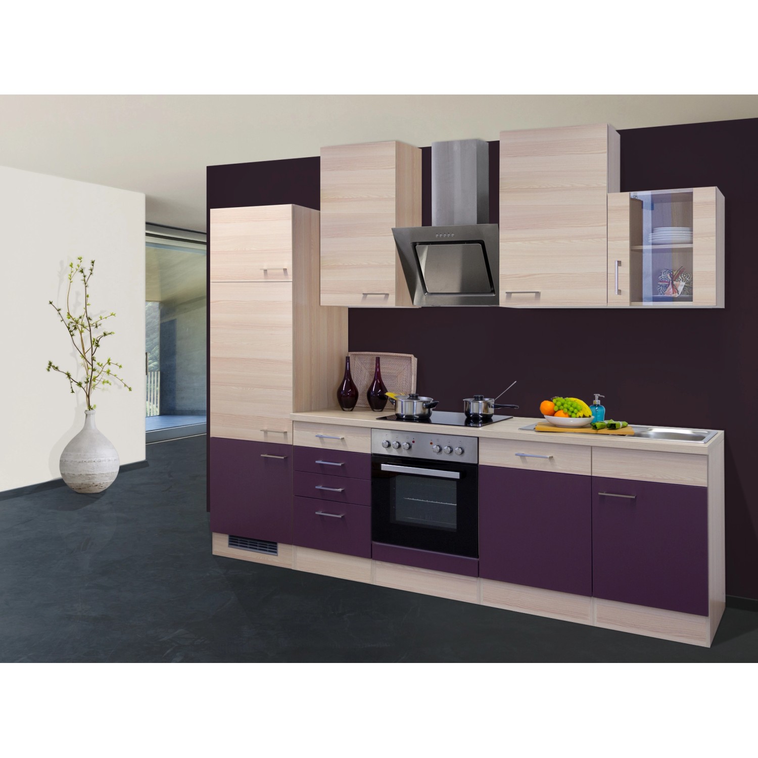 Flex-Well Exclusiv Küchenzeile/Küchenblock Focus 280 cm Akazie-Aubergine