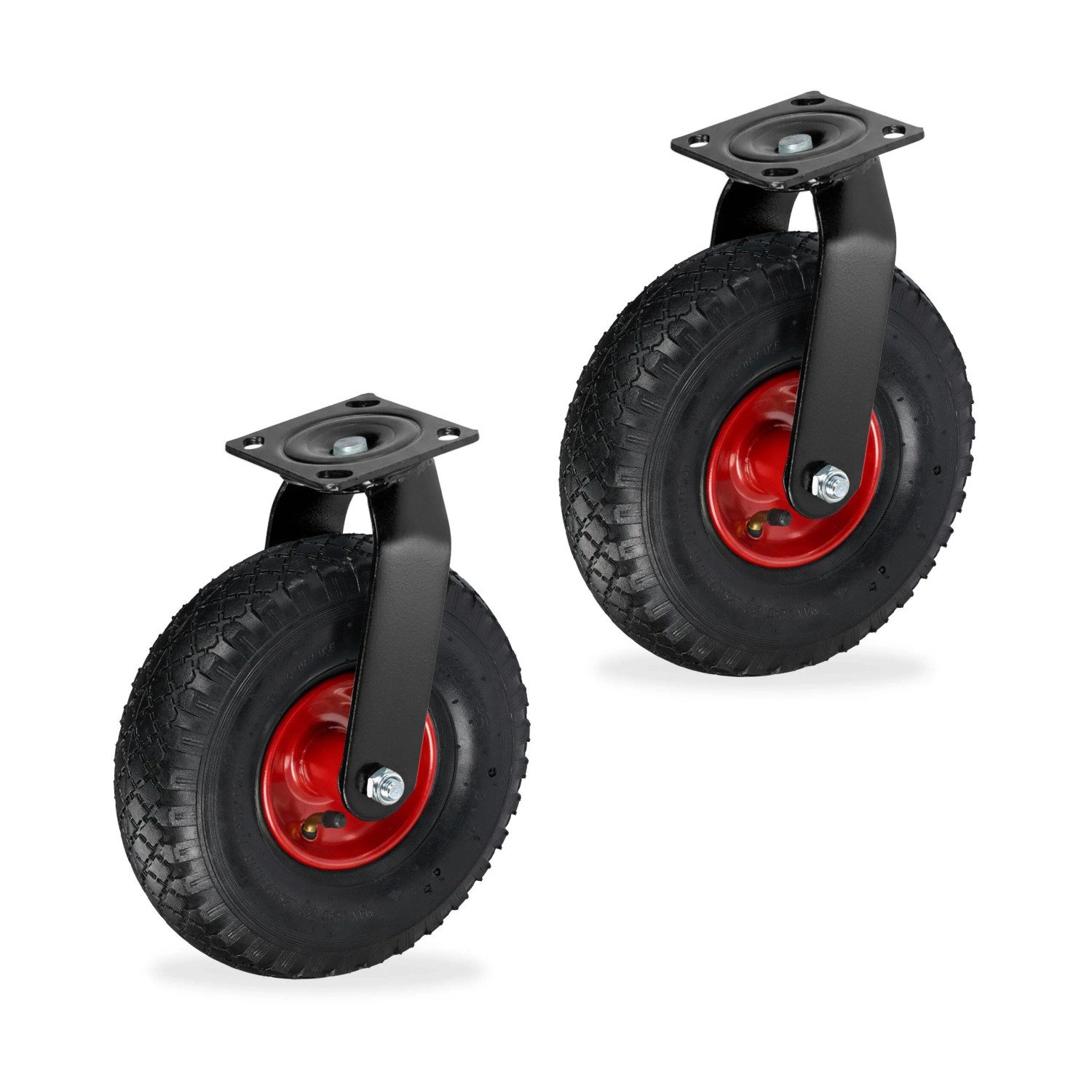 Relaxdays Lenkrolle 2er Set Stahl Gummi Schwarz Rot Luftbereift Drehbar 30 cm x 26 cm x 13,5 cm