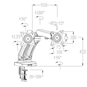 Skizze der Proregal Monitorhalterung, zweiarmig, mit Maßen und Schwenkbereichen für VESA 75x75/100x100.