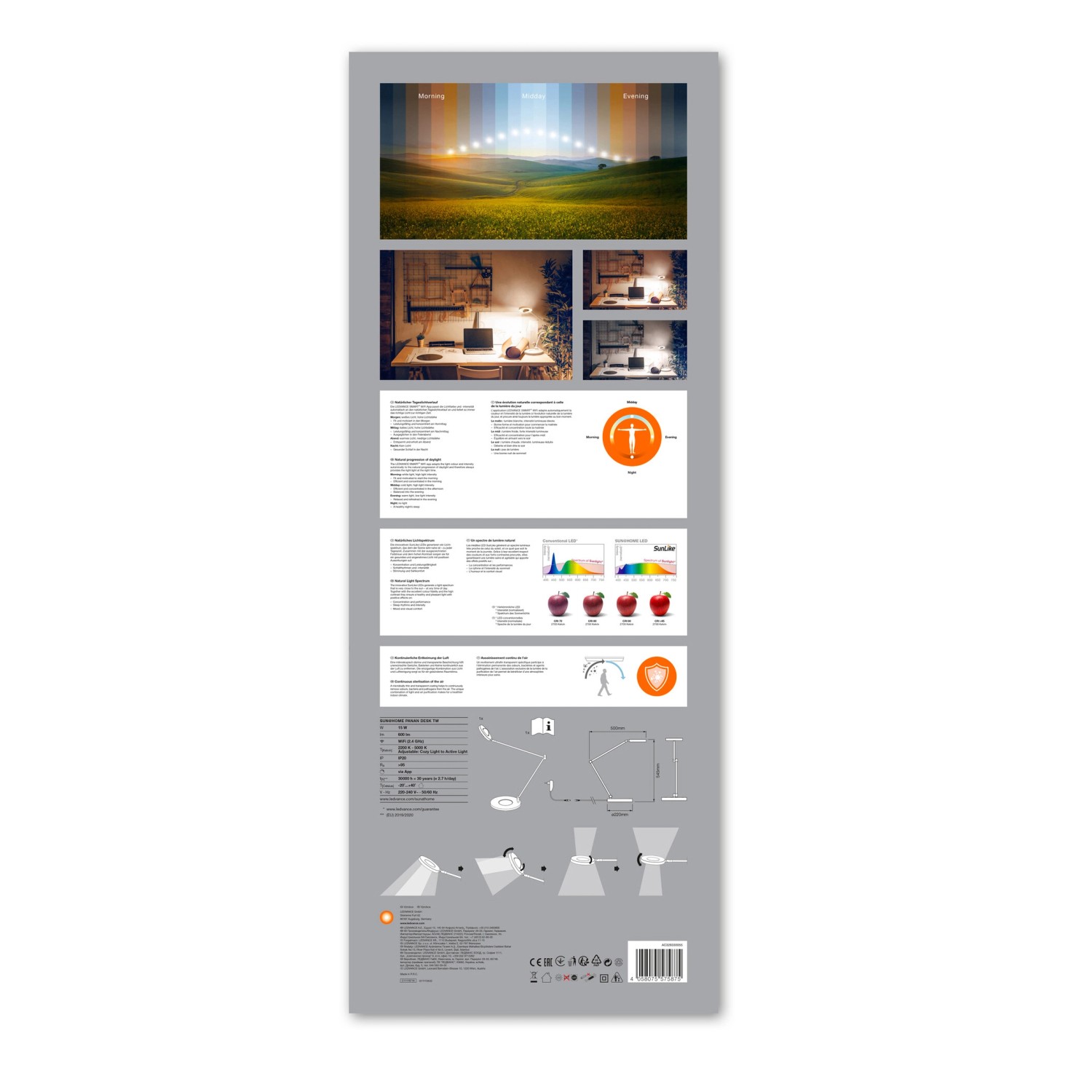 Produktverpackung der Ledvance Sun@Home Smart+ Tischlampe, weiß, 70 cm, mit Details zu Funktionen und Design.