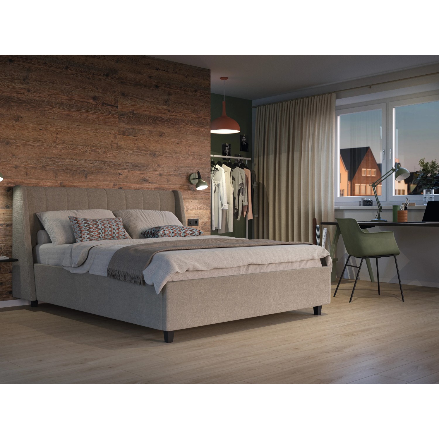 Schlafzimmer mit Egger DecoWall Wandpaneel Namur Fichte Natur als Wandverkleidung hinter dem Bett.