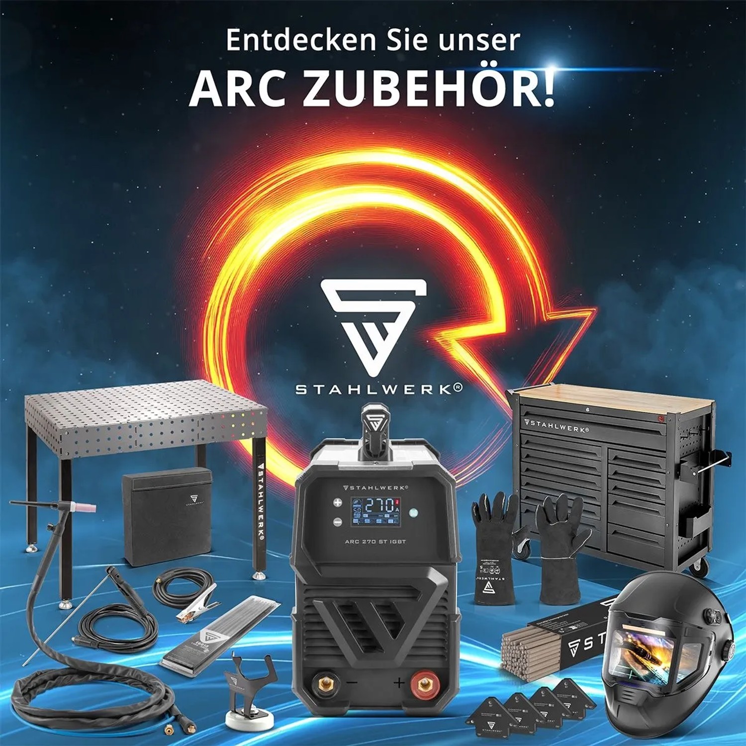 STAHLWERK ARC 200 MD Schweißgerät mit Zubehör wie Schweißhelm, Elektroden, Handschuhe und Werkzeugtisch.