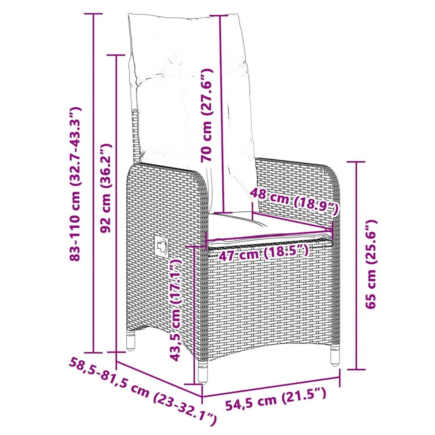 Maße des vidaXL Garten-Relaxsessels aus beigem Poly Rattan mit Kissen, Seitenansicht.