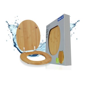 Wenko WC-Sitz aus dunklem Bambus, geöffnet, mit Chrom-Metallbefestigung, neben der Produktverpackung.
