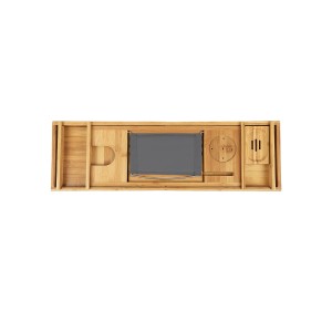 Verstellbare Songmics Badewannenablage aus Holz mit Halter für Getränke und Tablet.
