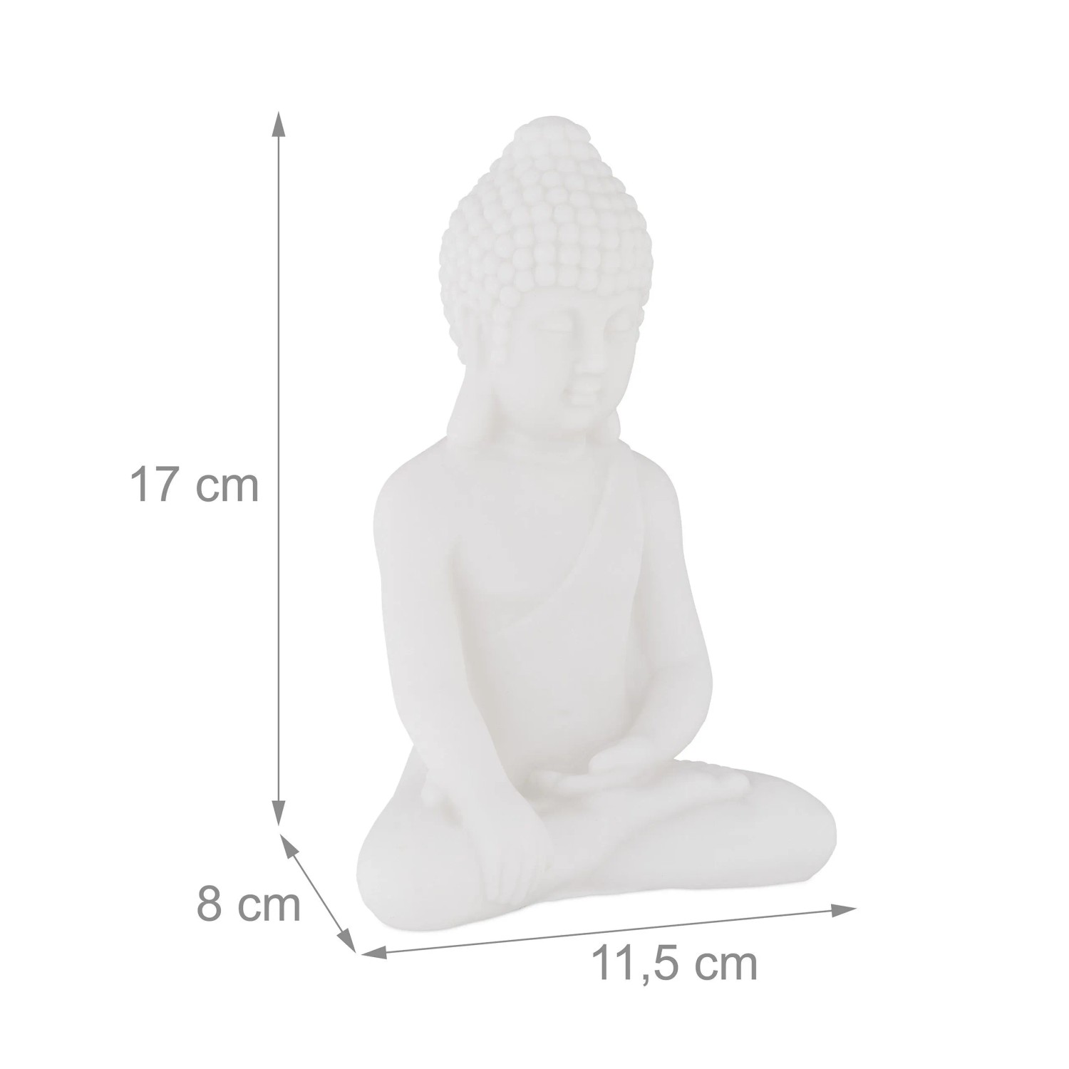 Weiße Buddha Figur (17cm) aus Kunststoff, wetterfest und frostsicher. Dekorative Figur für den Innen- und Außenbereich.