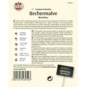 Samenpackung Sperli Bechermalve Mont Blanc mit weißen Blüten, geeignet für Beet und Kübel.
