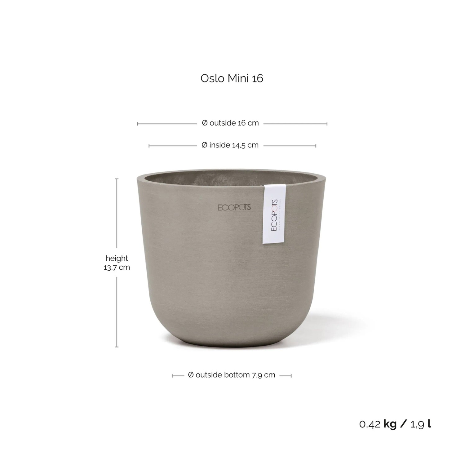 Ecopots Oslo Mini Pflanztopf, braungrau, 16x14cm. Skandinavisches Design für Innen- und Außenbereiche.