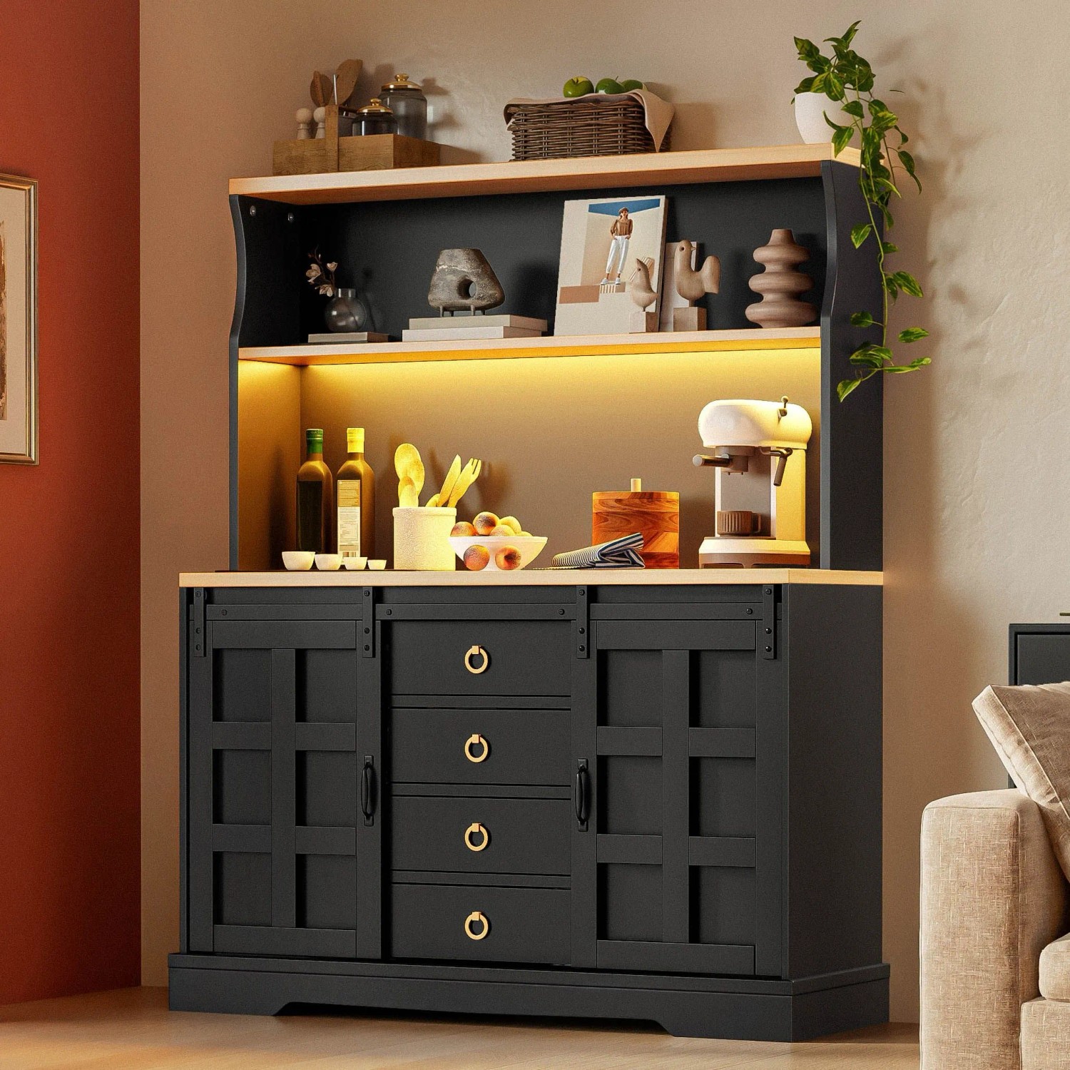 Merax Sideboard 150x120 cm LED Steckdose Weinregal 4 Schubladen Bar_2