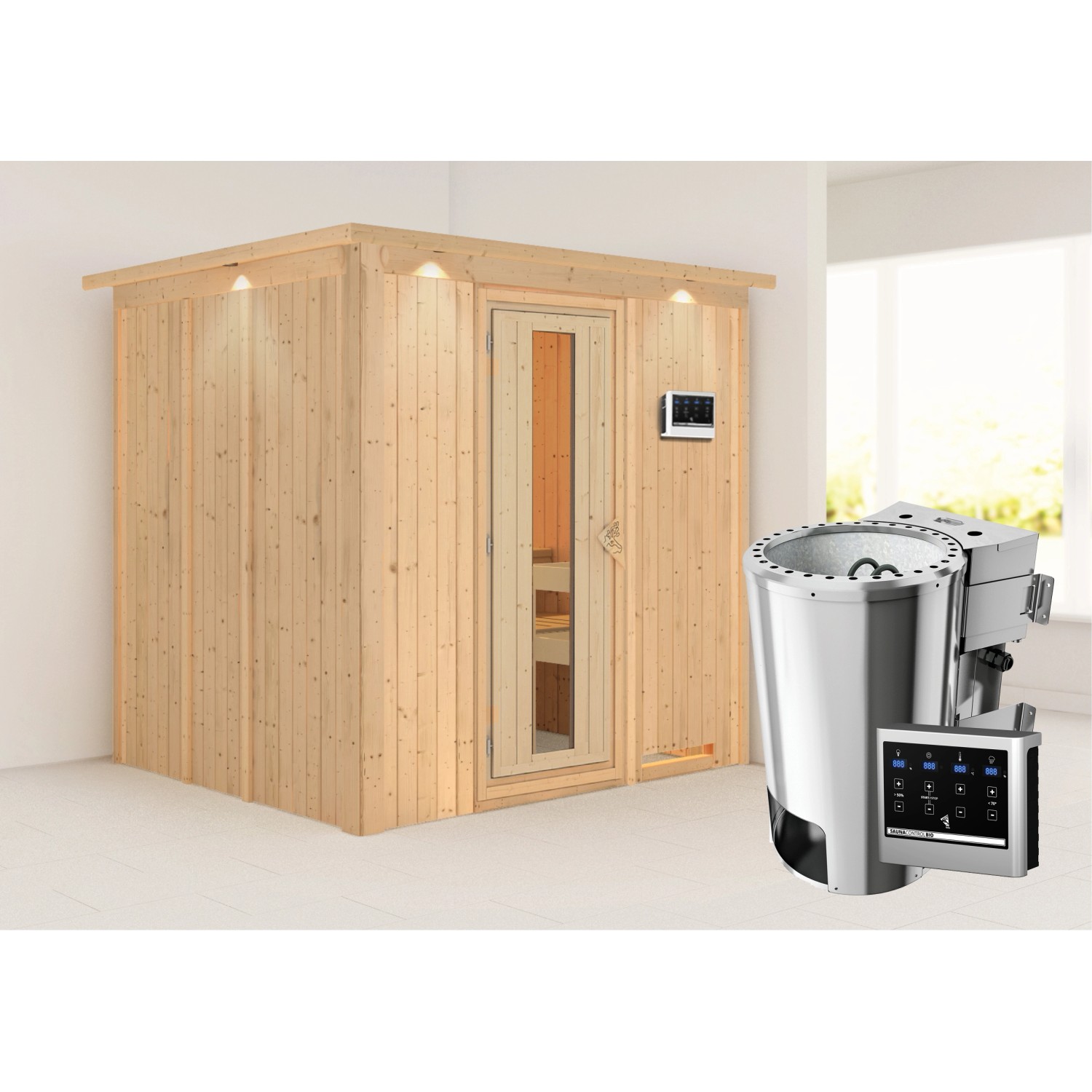 Karibu Sauna Dilja mit Bio-Ofen externe Stg.Easy LED-Dachkranz Natur