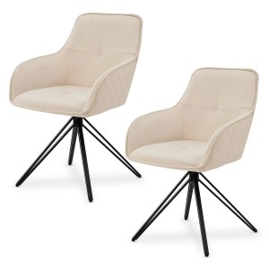 2er Set: Beige Drehstühle Clyde mit Armlehne, Samtbezug und schwarzem Stahlgestell.