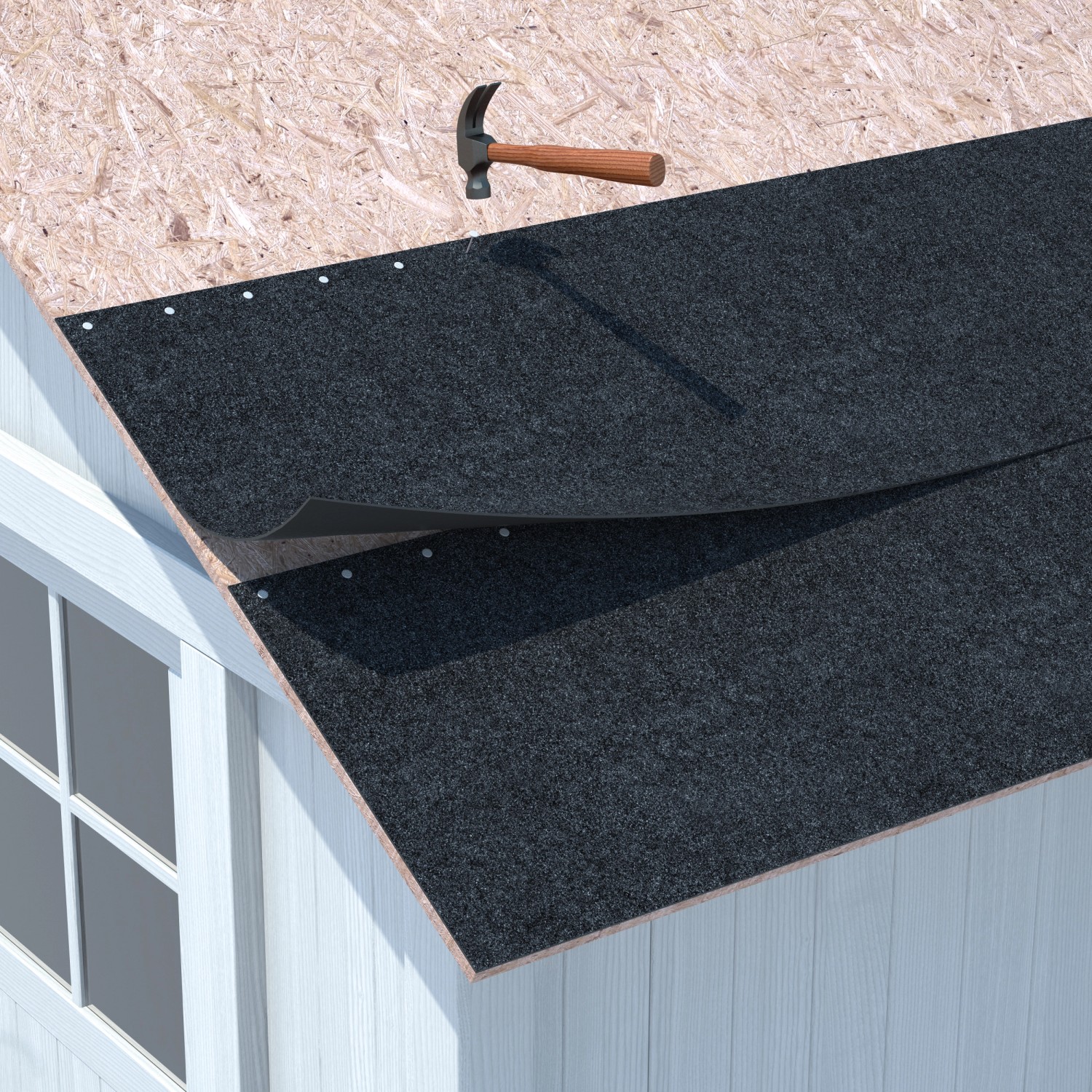 Verlegung der selbstklebenden Bitumen-Gartenhausbahn, schwarz, auf einem Gartenhausdach.