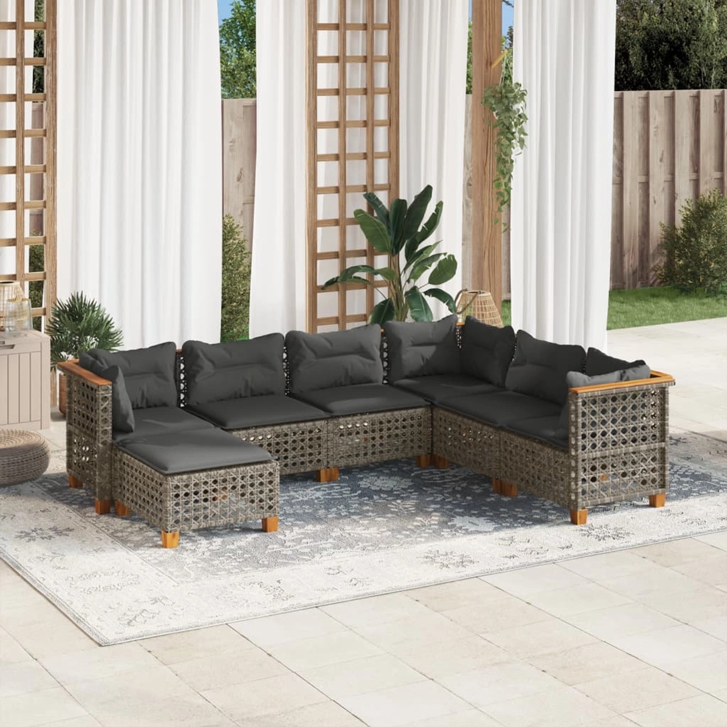 Graue 7-tlg. vidaXL Garten-Sofagarnitur aus Polyrattan mit Kissen auf Terrasse.