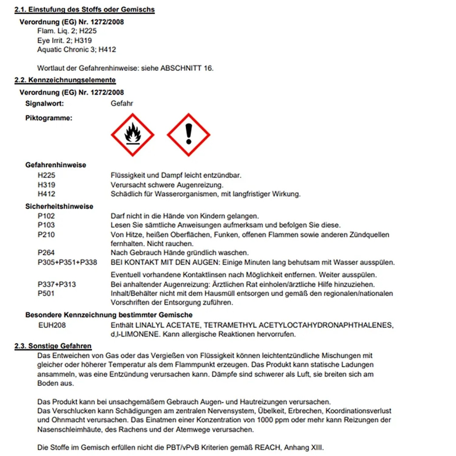 Sicherheitsdatenblatt: Gefahrensymbole für entzündliche und reizende Stoffe, Warnhinweise.