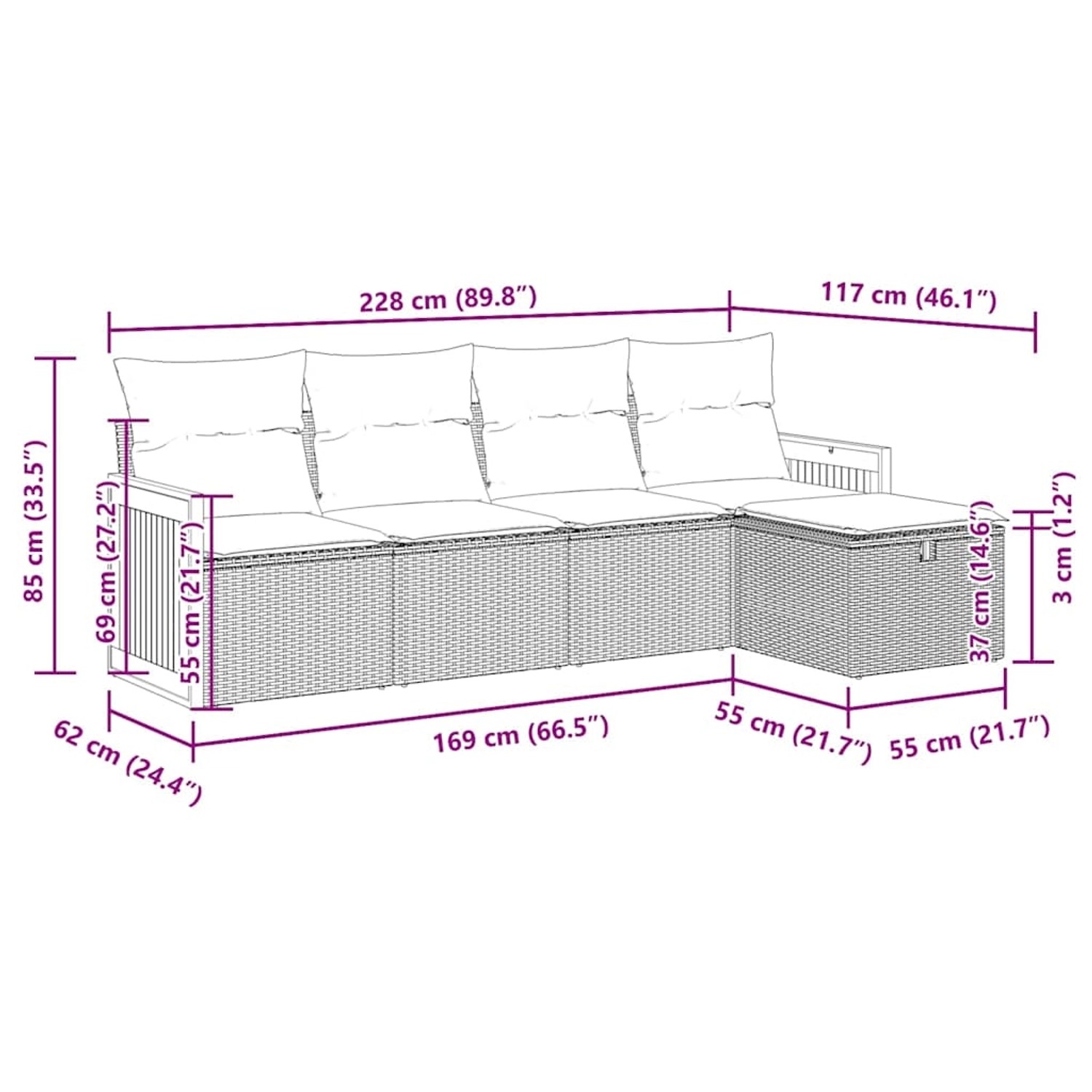 vidaXL 5-tlg. Garten-Sofagarnitur, Poly Rattan schwarz, mit Maßangaben.