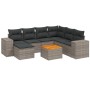 Graue 8-tlg. vidaXL Garten-Sofagarnitur aus Polyrattan mit Kissen und Tisch mit Akazienholzplatte.