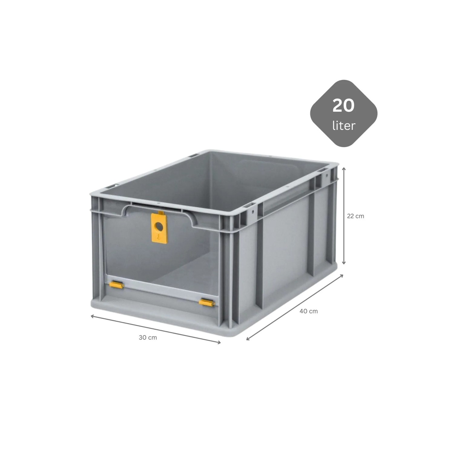 Graue PROREGAL Eurobox NextGen mit gelbem Cover, 20 Liter, für Lagerung und Transport.