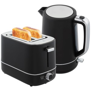 Schwarzes HOMCOM Wasserkocher Toaster Set aus Kunststoff mit Toastscheiben im Toaster.
