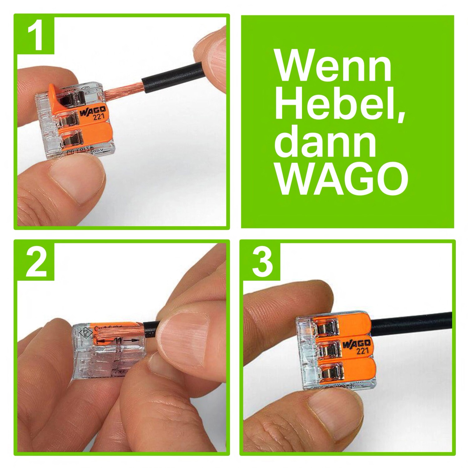 Anwendung der Wago Hebelklemme, 5-polig, zum Verbinden von Kabeln. Verbindungsklemmen im Detail.