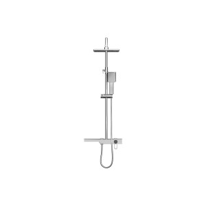 Silberfarbene Duschsäule Jizeo aus Edelstahl mit Kopfbrause, Handbrause, Ablage und Bedienelementen.