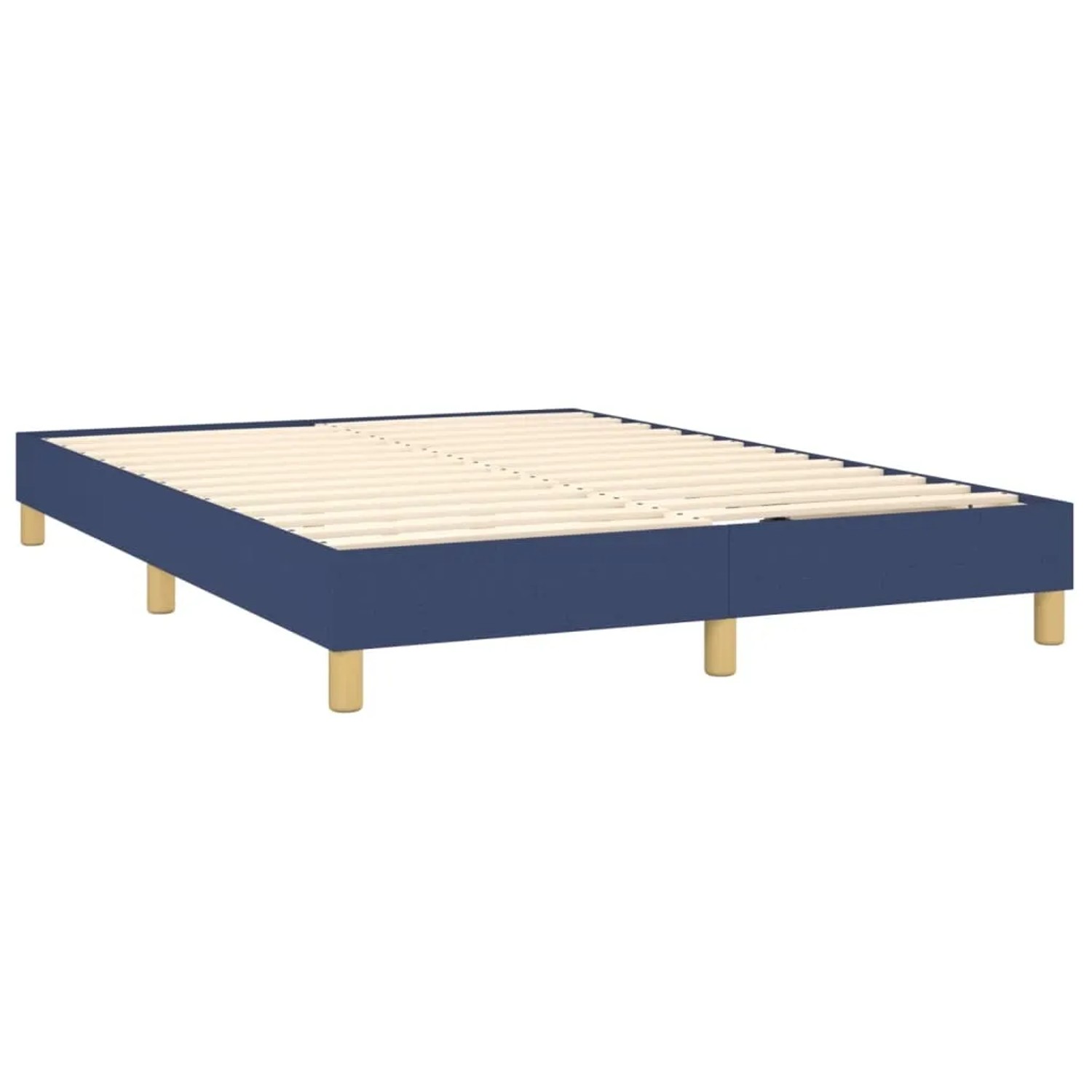 Blaues Boxspringbett 140x200 cm mit Holzlattenrost und Füßen.