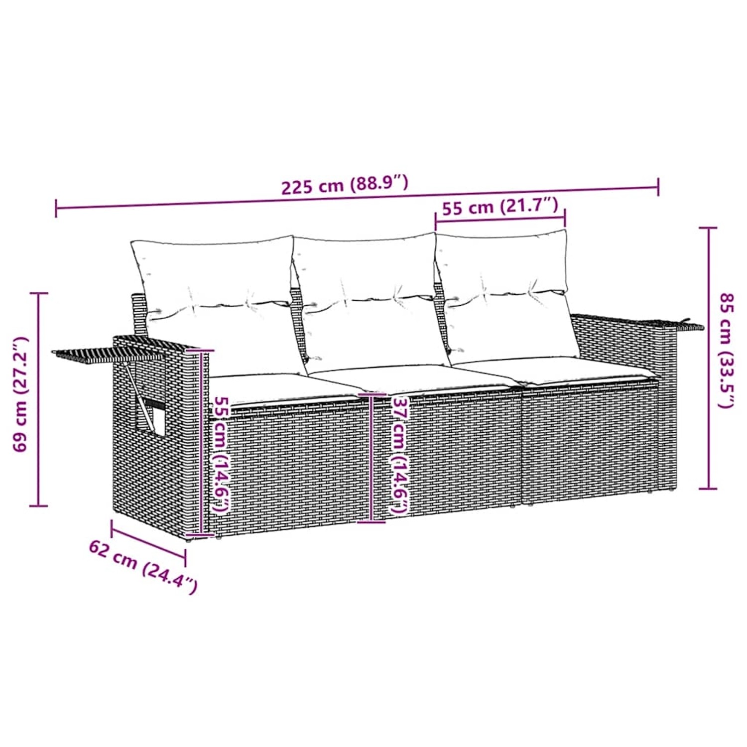 Braune 3-tlg. vidaXL Garten-Sofagarnitur aus Rattan mit cremeweißen Kissen.