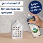 Belton Free AQUAcolours Klarlack Spray, transparent, hochglänzend, mit weißem Deko-Haus.