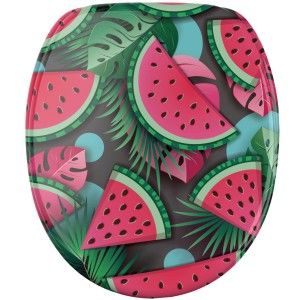 SANILO WC-Sitz Melone mit Absenkautomatik, Wassermelonen-Design und tropischen Blättern.