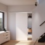 Weiße inova Holzschiebetür 775x2035mm mit Griffmuschel, Softclose. Komplettset für moderne Zimmertüren.