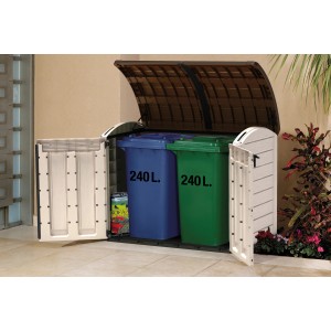 Geöffnete Keter Aufbewahrungsbox Store It Out Ultra mit zwei Mülltonnen (je 240L) in Beige/Braun.