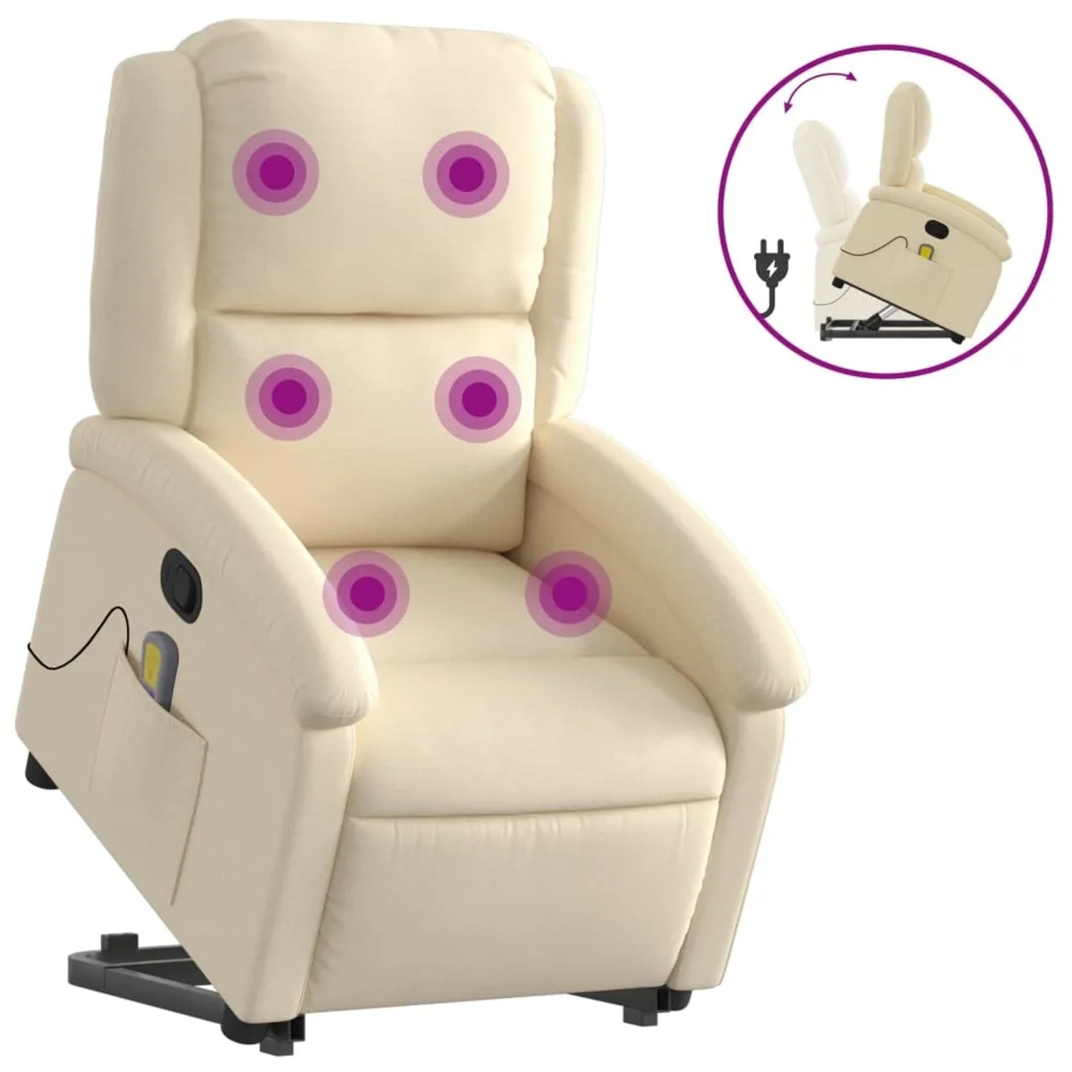 Cremefarbener Massagesessel mit Aufstehhilfe und Vibrationsmassage.