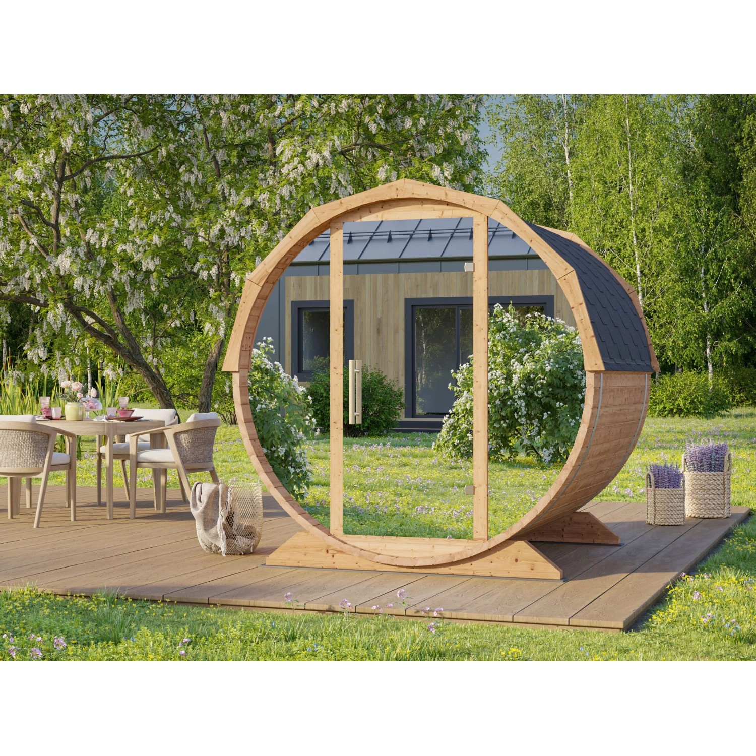 Fjordholz Fass-Sauna Modell Elina mit Spiegelglas und Thermoholz